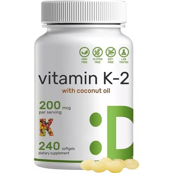 Vitamin K2 MK-7 200 mcg, 240 gels Gluten Free/Non-GMO Nutricost