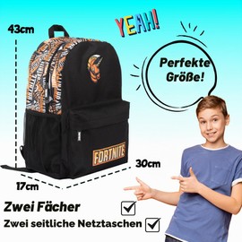 Fortnite School Backpack for Boys Black Large A4 Multi-Compartment Backpack Travel Bag with Mesh Pockets and Adjustable Padded Shoulder Straps Black/Orange