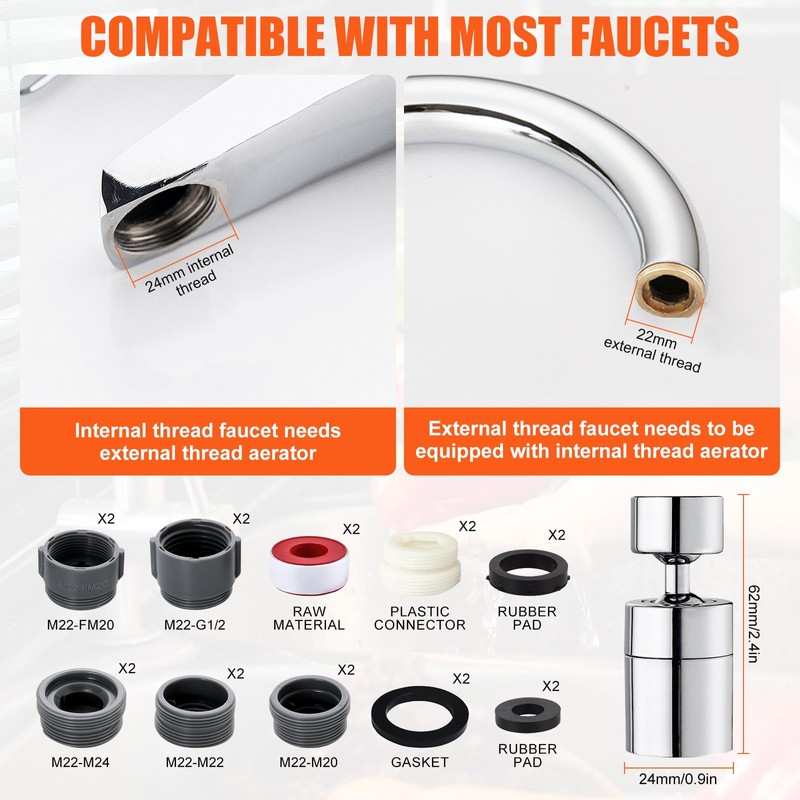 2 Pieces 360° Swivel Tap Attachment M22/M24 Multifunctional Rotating Tap