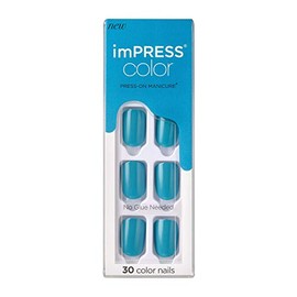 KISS imPRESS Color Press-On Manicure, Gel Nail Kit, PureFit Technology, Short Length, “Beach Waves”, Polish-Free Solid Color Mani, Includes Prep Pad, 