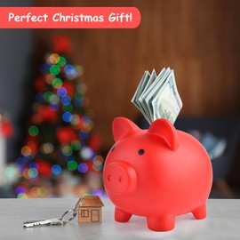 Large Piggy Bank, Unbreakable Plastic Money Bank, Coin Bank for Girls and Boys, Large Size Piggy Banks, Practical Gifts for Birthday, Christmas, Baby Shower (Red)