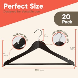 Brown Wooden Hangers 20 Pack – Heavy-Duty with 360° Swivel Hook, Non-Slip, Pants Bar & Shoulder Grooves - Wooden Hangers for Suits, Jackets, Dresses & Camisoles, Space-Saving and Smooth Finish