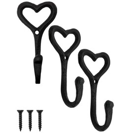 FUXXER Rustic Iron Hooks Cast Iron Heart Design Coat Hooks Set of 3 Black