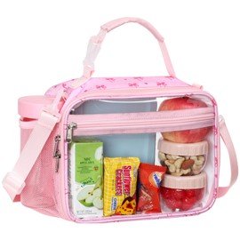PACKISM Clear Lunch Bag for Girls - Reusable Heavy Duty Clear Lunch Box for School with Adjustable Shoulder Strap, Transparent Stadium Approved Lunch Snack Bag for Work Travel Picnic, Pink Bow