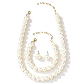8mm Elegant Pearl Jewelry Set with Gold Chain, Classic White Faux Pearl Necklace, Bracelet and Stud Earrings, 3 Piece Wedding Formal Set