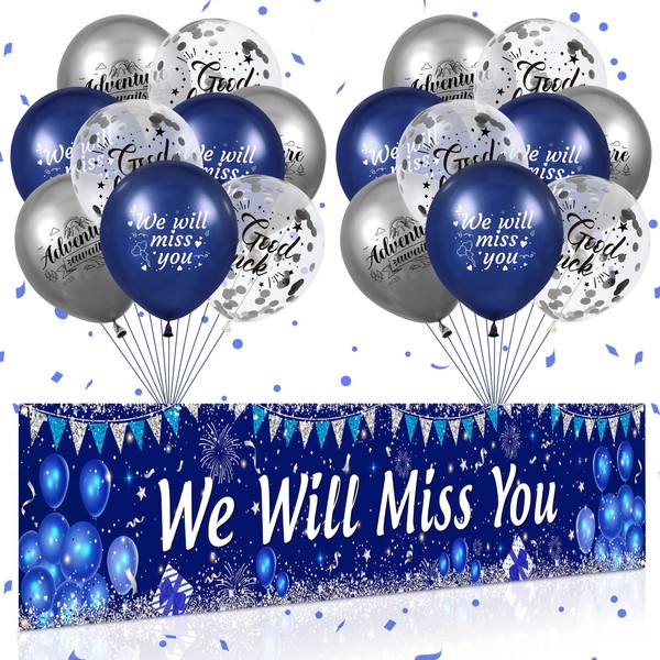 Blue We Will Miss You Party Decorations Navy Blue Silver We Will Miss You Banner and 18Pcs Good Luck We Will Miss You Balloons for Farewell Going Away Retirement Graduation Goodbye Party