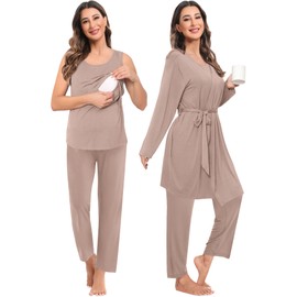 SWOMOG Maternity Nursing Robe Set 3 Piece Women Postpartum Pajamas Breastfeeding Hospital Labor Delivery Pregnancy Pjs, Ecru Large