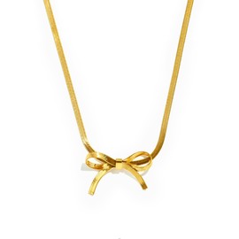 STORYJEWELLERY Gold Bow Necklace for Women, Dainty Snake Chain Choker, Short Ribbon Herringbone Necklace, Cute Coquette Jewelry