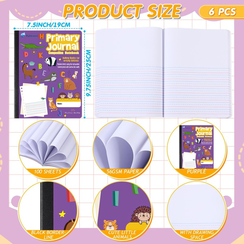 Fulmoon 6 Pcs Primary Composition Notebook K-2 with Picture Space