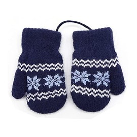 Knitted Wool Gloves Winter Warm Fluffy Full Finger Mittens Cute Cartoon Gloves Thicken Velvet Hanging Neck Mittens Birthday Xmas Gifts for 0-3 Y Kids (blue-flower, Length: 13 cm, palm width: 8 cm)