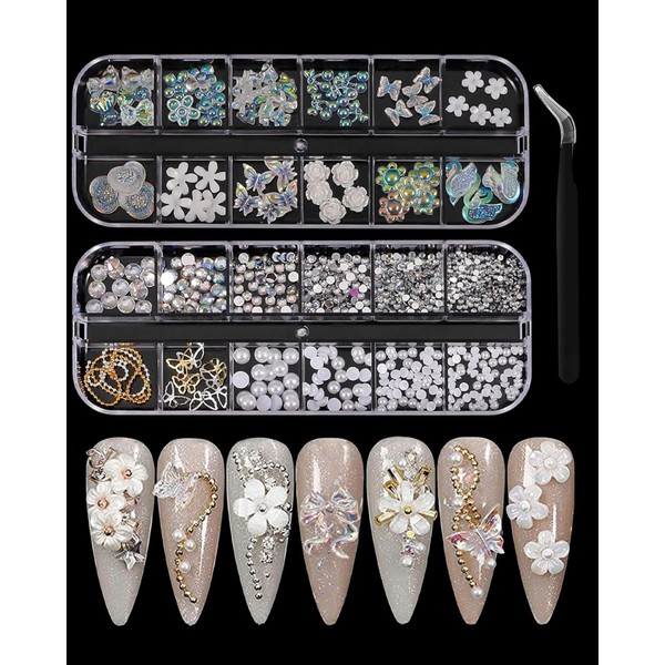 JIPUKE Mixed 3D Nail Charms with a Tweezers, 2 Boxes