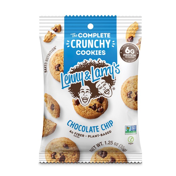 Lenny & Larry's The Complete Crunchy Cookie, Chocolate Chip, 6g Plant Protein, Vegan, Non-GMO, 1.25 Ounce Pouch (Pack of 12)