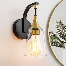 Ymlii 1-Light Bathroom Wall Sconce Light, Black and Gold Wall Light Fixtures with Clear Glass Shade, Modern Wall Lamp Indoor Wall Mounted Light for Hallway Bedroom Living Room Mirror