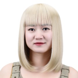Short Wig,Blonde Bob Wigs SYXLCYGG Flame Retardant 14" Straight Silky Fluffy Hair Wigs With Bangs Synthetic Girl Cosplay Party White Women Daily(Free Wig Cap)