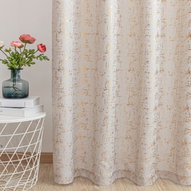 Taisier Home Gold Foil Print Linen Textured Curtains Geometric Dots Pattern Design Curtains for Nursery Toy Room Thermal Insulated Window Treatment 2 Panels 72" L,Beige and Gold Curtains Print