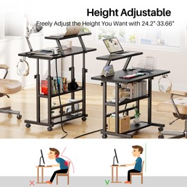 Adjustable Height Computer Desk with Power Outlets, 31.5" Small Mobile Computer Desk with Monitor Stand & Storage Shelves, Manual Rolling Standing Desk on Wheels,Portable Laptop Table for Home Office