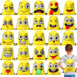 Cosblank 24 Pcs Emoticon Drawstring Backpack for Kids Teens Backpack Bags Emotion Party Supplies Shoulder Gym Drawstring Bags Stuff Swimming Bag Nylon Backpack for Boys Girls Candy Favors Party Gift