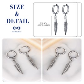 INFINIONLY Men's Women's Stainless Steel Feather Earrings Hoops Novelty Dangles for Boy Fashion Piercing Statement Earrings Creative Stainless Steel Creole Jewellery