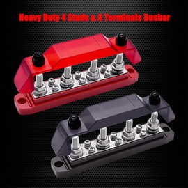 Ampper Power & Ground Distribution Block Bus Bar, 4 x 5/16" (M8) Studs, 6 x #8 (M4) Terminal Screws, 6.3" 12V 200A Battery BusBar with Cover for Auto, Boat and Solar (Red & Black)