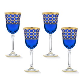 Lorren Home Trends Cobalt Blue Red Wine Goblet with Gold Rings, Set of 4