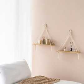 Dahey Macrame Hanging Shelf Boho Wall Decor Bedroom 2 Packs Rustic Wood Floating Shelves for Room Nursery Bathroom Living Room College Dorm Storage for Hanging Plants Photos, White