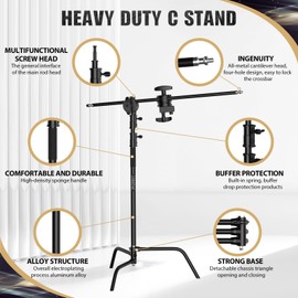 LOMTAP C Stand Light Stand Stainless Metal Photography Kit - Heavy Duty 6.8ft/210cm Vertical Pole, 2.8ft/87cm Boom Arm, Adjustable Base, Water Sandbag, 2 Grip Heads, 3 Clips for Softbox, Reflector