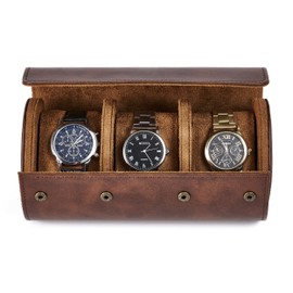 KlLHS Watch Roll with 3 Compartments, Watch Box for Travel, Watch Box with Removable Pads, Brown