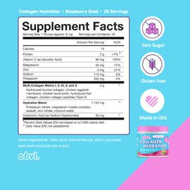 Obvi Hydration Powder | Electrolyte & Collagen Peptide Complex | 5 Types of Collagen with Hyaluronic Acid | Supports Skin Elasticity & Joint Health | Sugar-Free | Raspberry Rose, 30 Servings