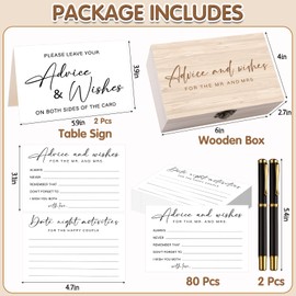 85 Pcs Advice and Wishes Cards Wooden Box Set for The Mr and Mrs,White Advice and Wishes Cards with Black Pen for the Bride and Groom,Bridal Shower,Wedding Party Game Decorations Supplies