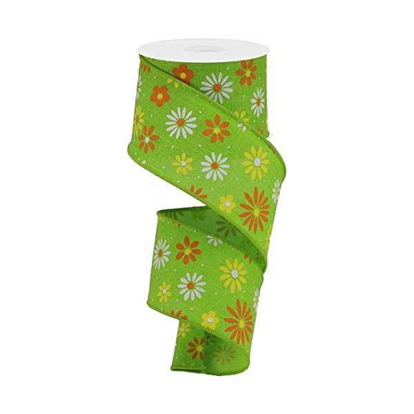 Expressions Lime Green Orange Yellow Daisy Flower Spring Wired Ribbon: