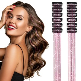 Dalababa 12 Pcs Hair Tinsel Kit, Fairy Clip in Hair Extensions, Glitter Sparkle Party Dazzle Highlights Accessories for Women Girls Party Festival - Purplish Pink