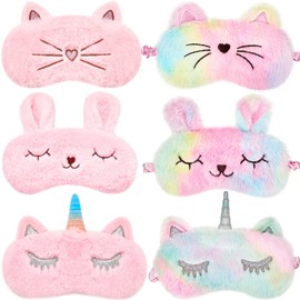 Geyoga 6 Pcs Plush Sleep Eye Mask - Bunny, Unicorn, Cat & Cute Animal Designs - Soft Blindfold Sleeping Eye Shade for Adult Travel, 6 Styles Rainbow Color