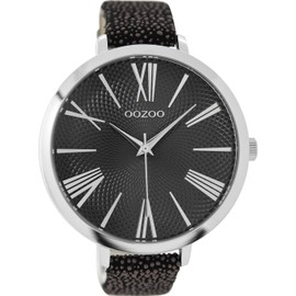 Oozoo Women's Watch with Snake Look Leather Strap and Mandala Dial XXL 48 mm in Various Designs, Silver / black, Strap.