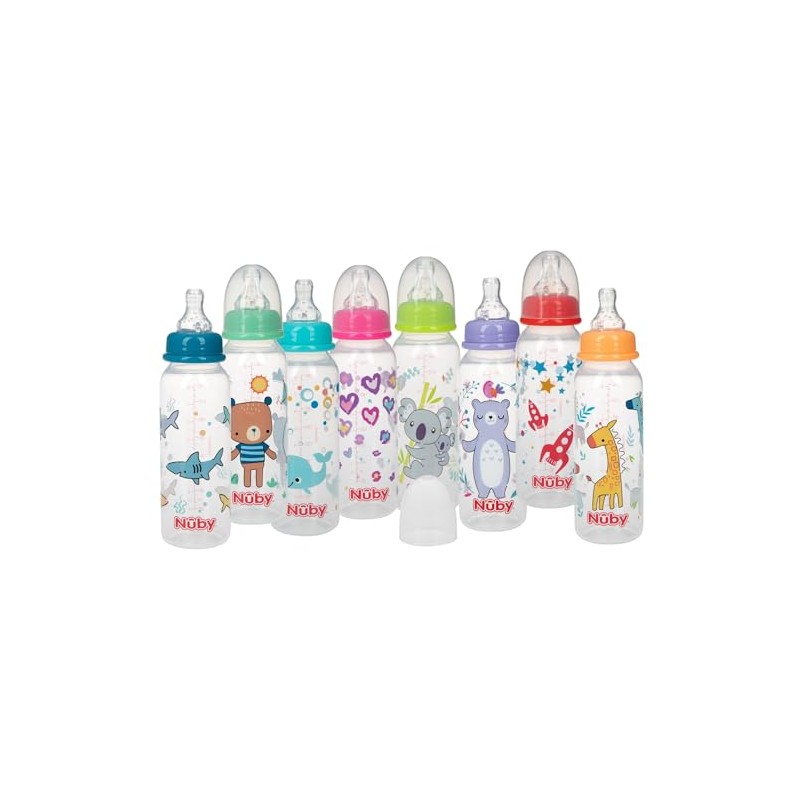 Nuby Printed Non-Drip Bottle, 8 Ounce, Colors May Vary