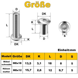 Pack of 20 Connection Screws M8 x 18 mm, Sleeve Screws, Furniture Screws, Furniture Connectors, Cabinet Connectors for Furniture, Cabinets (20 x Furniture Screws, 20 x Sleeve Nuts, 1 x Allen Key)