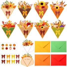 Funrous 24 Pack Thanksgiving Greeting Cards Happy Thanksgiving Flower Shaped Cards with Stickers Envelopes 8 Designs Fall Flower Bouquet Craft Religious Gift Set for Autumn Thankful Party Decor