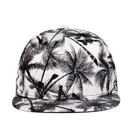 Quanhaigou White Black Palm Tree Print Snapback Hat - Coco Trucker Hats for Men Women - Coconut Flat Bill Brim Dad Adjustable Baseball Cap