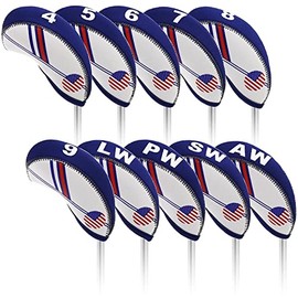 10 Pcs Golf Headcovers Iron Covers for Irons 4 5 6 7 8 9 PW AW SW # LW with Handle Neoprene Stretch USA American Flag