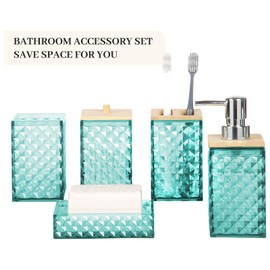 Bathroom Accessory Set, Grid Pattern 5 Pcs Plastic Bathroom Set Include Qtip Holder Dispenser, Soap Dispenser, Soap Dish, Toothbrush Holder, Mousewash Cup, Modern Bathroom Décor Set(Teal)