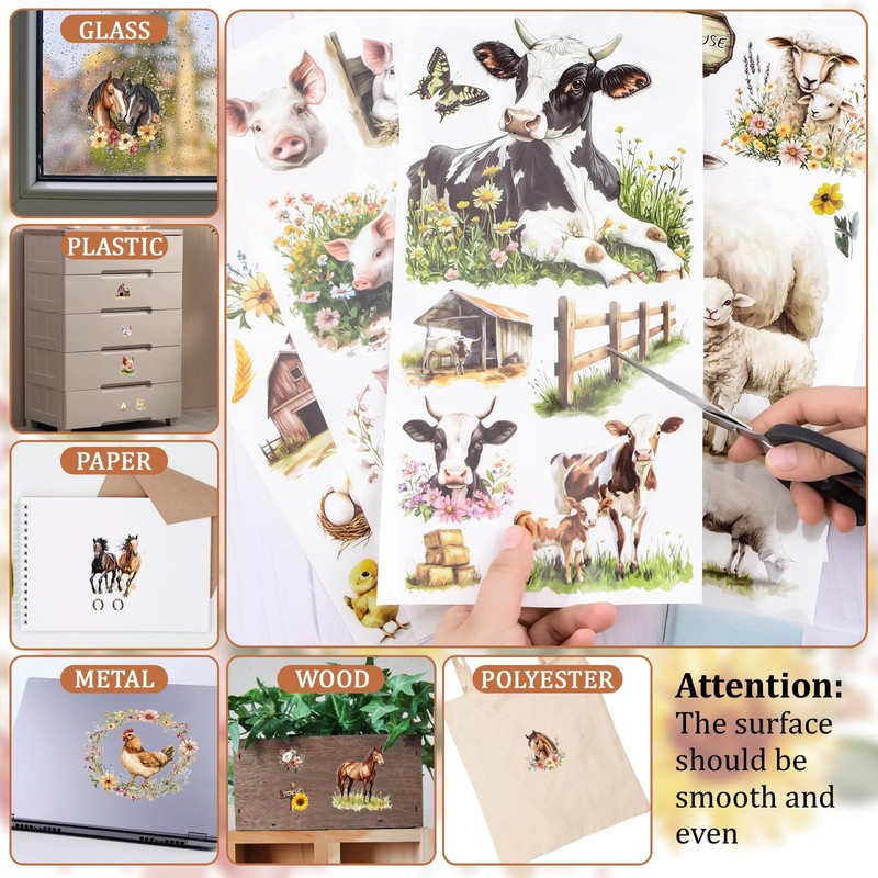 WANDIC 6PCS Animal Rub On Transfer Sticker, Farmhouse Flower&Animal Shed