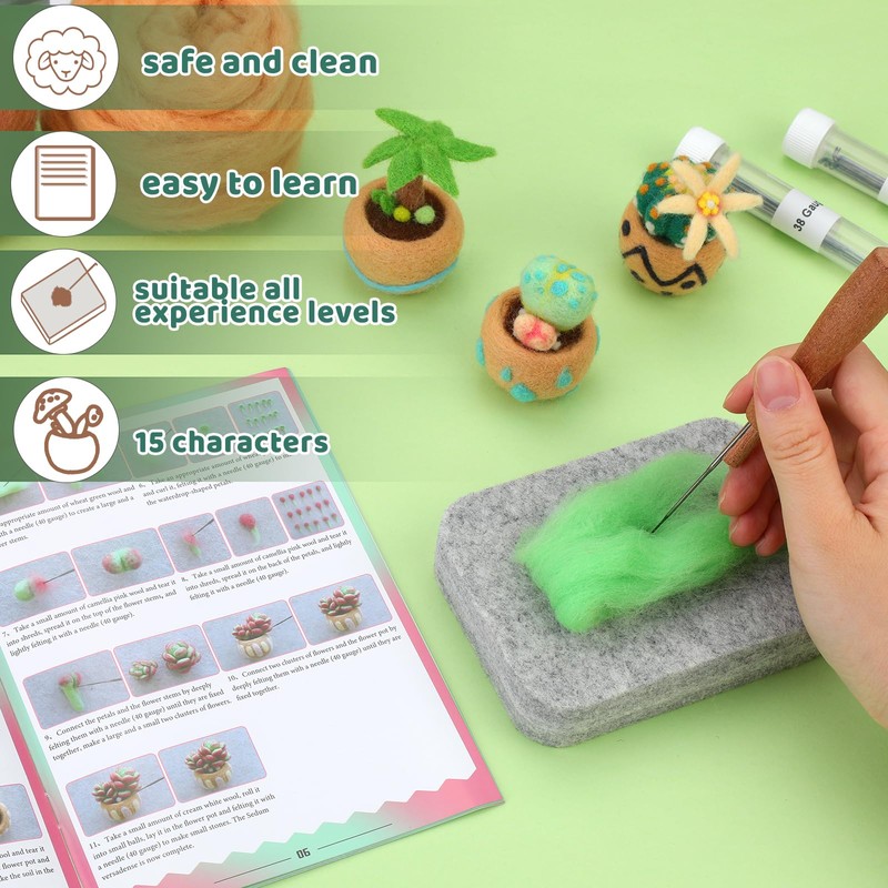 Needle Felting Kit, 15 PCS Succulent Beginner Needle Felting Kit,