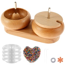 Bead Spinner Set with Tray Wooden Beading Bowl Spinner Double Bowl Waist Effortless Spin Bead Loader with 4 Bowls 2 Needles 1000 Color for DIY Crafts Jewelry M