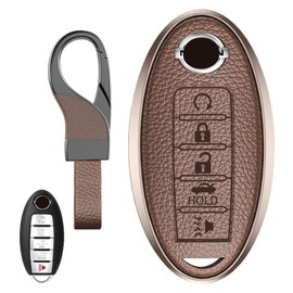 for Nissan Key Fob Cover, Aluminum Alloy Frame & Leather Protective Case, Full-Body Wrap Anti-Scratch Shockproof Rugged Cover for Altima Murano Maxima Rogue Kicks Pathfinder (Model-A 5 Button Brown)