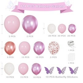 Pink and Purple Balloons, 124pcs Pink White and Rose Gold Balloons Arch Kit Different Size with Butterfly Stickers for Valentines Day, Birthday, Graduation, Anniversary Party Decoration