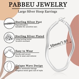 PABBEU Silver Hoop Earrings Hypoallergenic 925 Sterling Silver Hoop Earrings Wave Design Large Silver Earrings Hoops Lightweight Big Silver Earrings for Women 40/50/60mm
