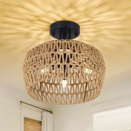 HMVPL Semi Flush Mount Ceiling Light, Rattan Light Fixture Ceiling Mount with Handmade Wicker Lampshade, 3-Lights Boho Chandelier, Woven Close to Ceiling Light for Bedroom Hallway Living Room Kitchen