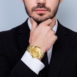 OIDEA Pair of Watches with Rhinestones: Classic Watch Analogue Quartz Date Calendar Rhinestone Dial with Illuminating Hands Gift for Men Women Couples, Gold - Men's Watch 04, Bracelet