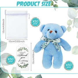 Wettarn 50 Sets Baby Shower Small Bears Tiny Plush Bear Bulk 4.72 Inch Mini Stuffed Animals Small Bear Party Favors with Thank You Tags and Mesh Bags for DIY Keychain Birthday Baby Shower (Blue)