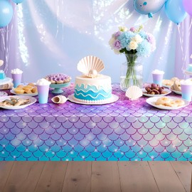 Just Shimmer 2 Pack Mermaid Tablecloth, 54x 108” Blue & Purple Disposable Table Cover, Fish Scale Design, Plastic Party Decoration for Under The Sea, Princess, Baby Shower, Kids Birthday