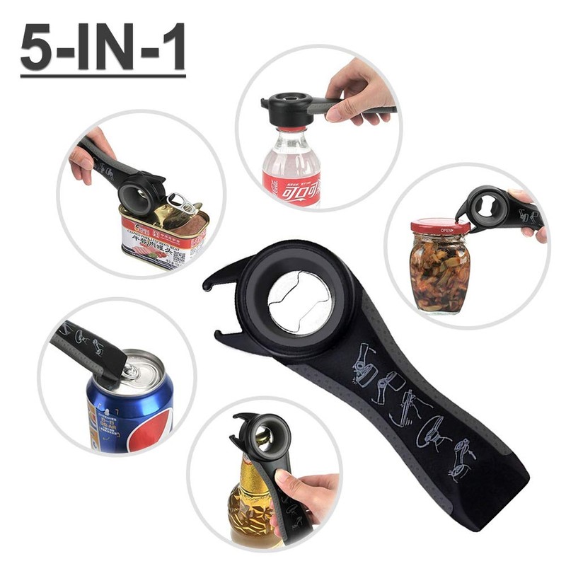 Multi Bottle Opener,Multi-Function Bottle Can and Jar Grip Opener, 5-in-1